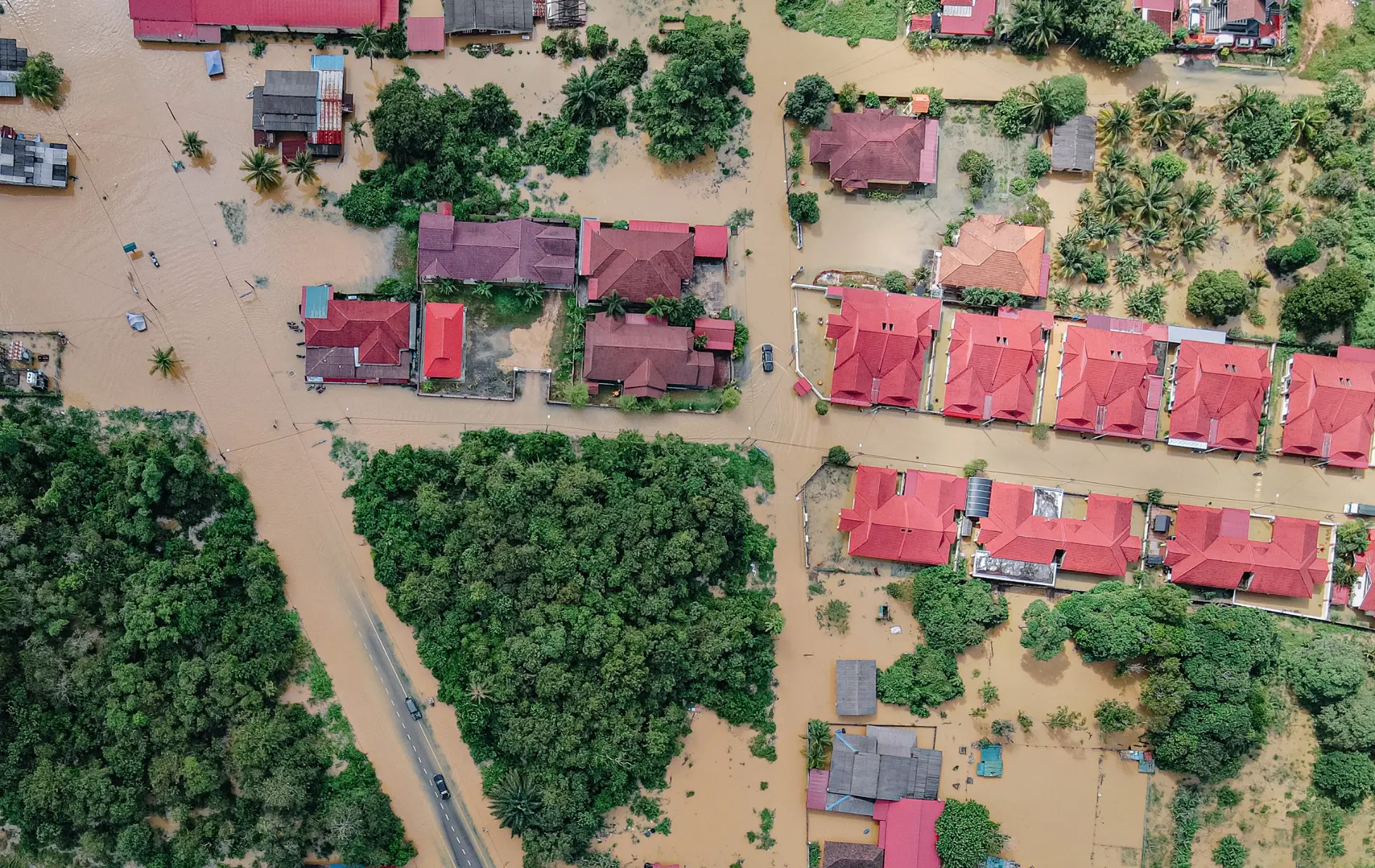 Flood - aerial image of flooded town